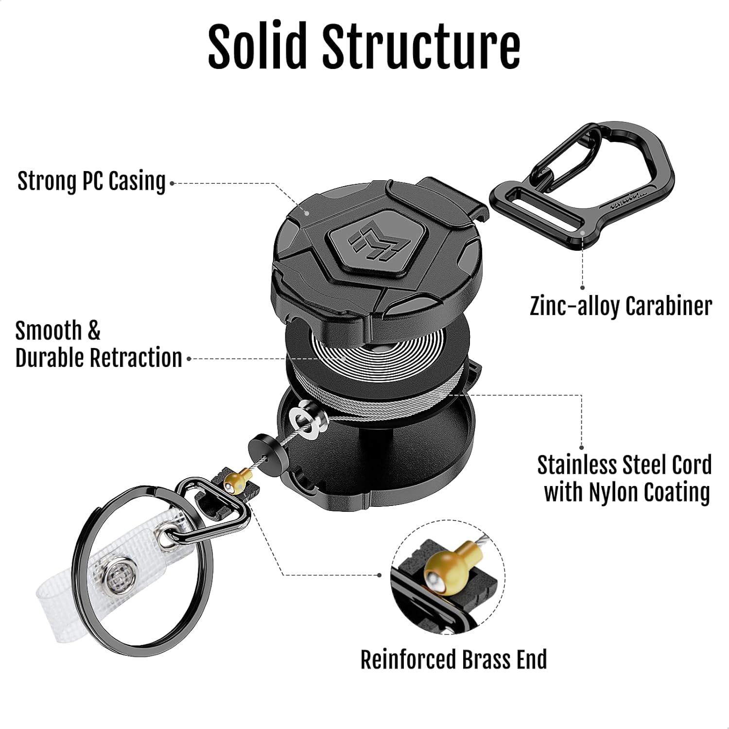 Retractable Keychain Clip, Heavy Duty Badge Reel with Carabiner, Anti-Lost Key Holder for Keys ID Cards & Work Badge