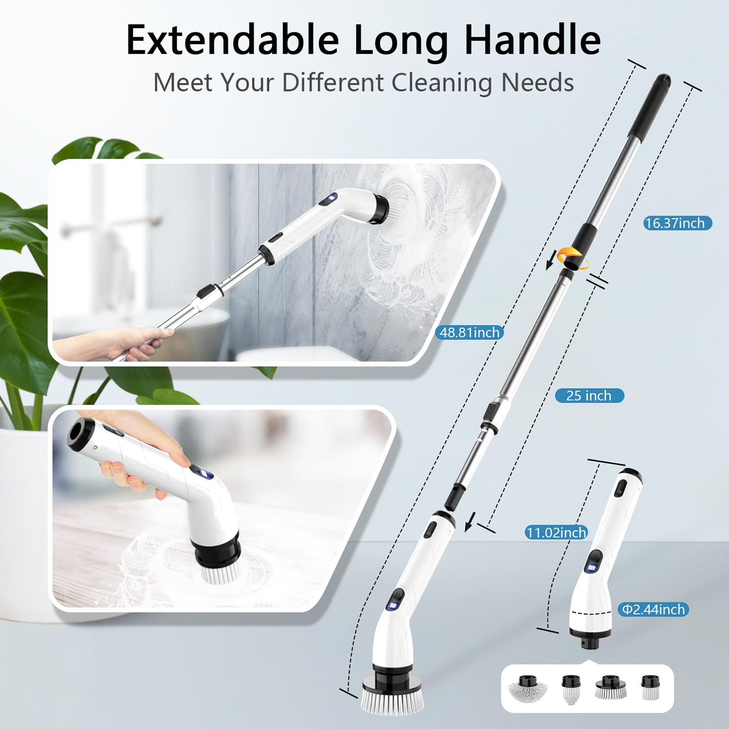 Electric Spin Scrubber, Cordless Cleaning Brush with Extendable Handle & 4 Brush Heads, Waterproof Power Scrubber for Bathroom Kitchen Tile