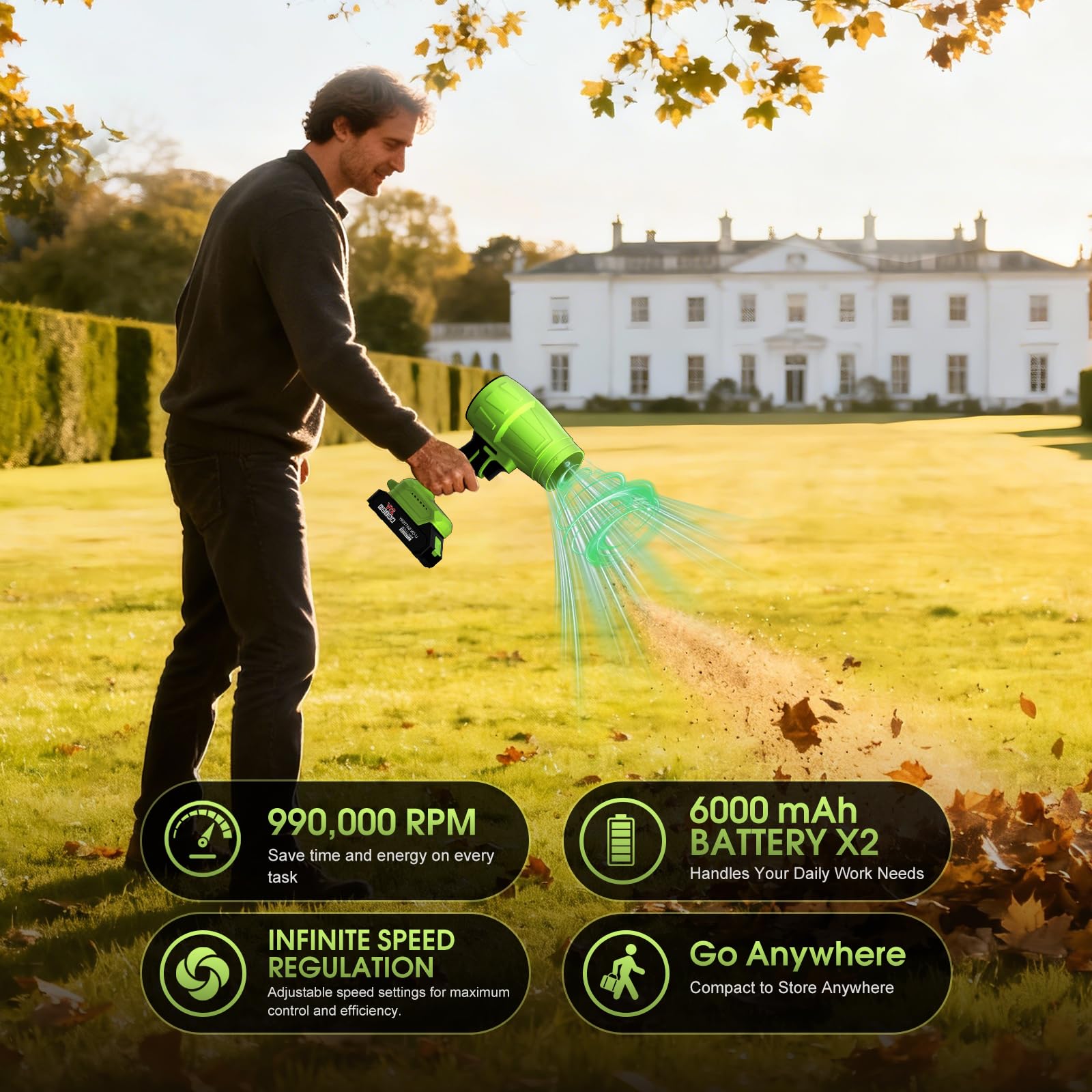 Portable Cordless Leaf Blower 21V Rechargeable Handheld Turbo Air Blower for Car Drying Dust Leaves Cleaning