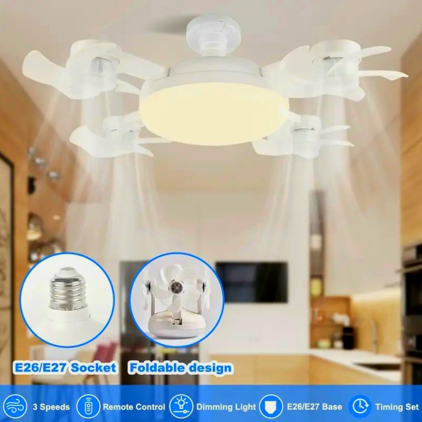 4 Heads Drone Socket Fan Light, E26/E27 Screw in Ceiling Fan with Remote, Dimmable LED Quiet Multi-Directional Fan Lamp for Bedroom Garage