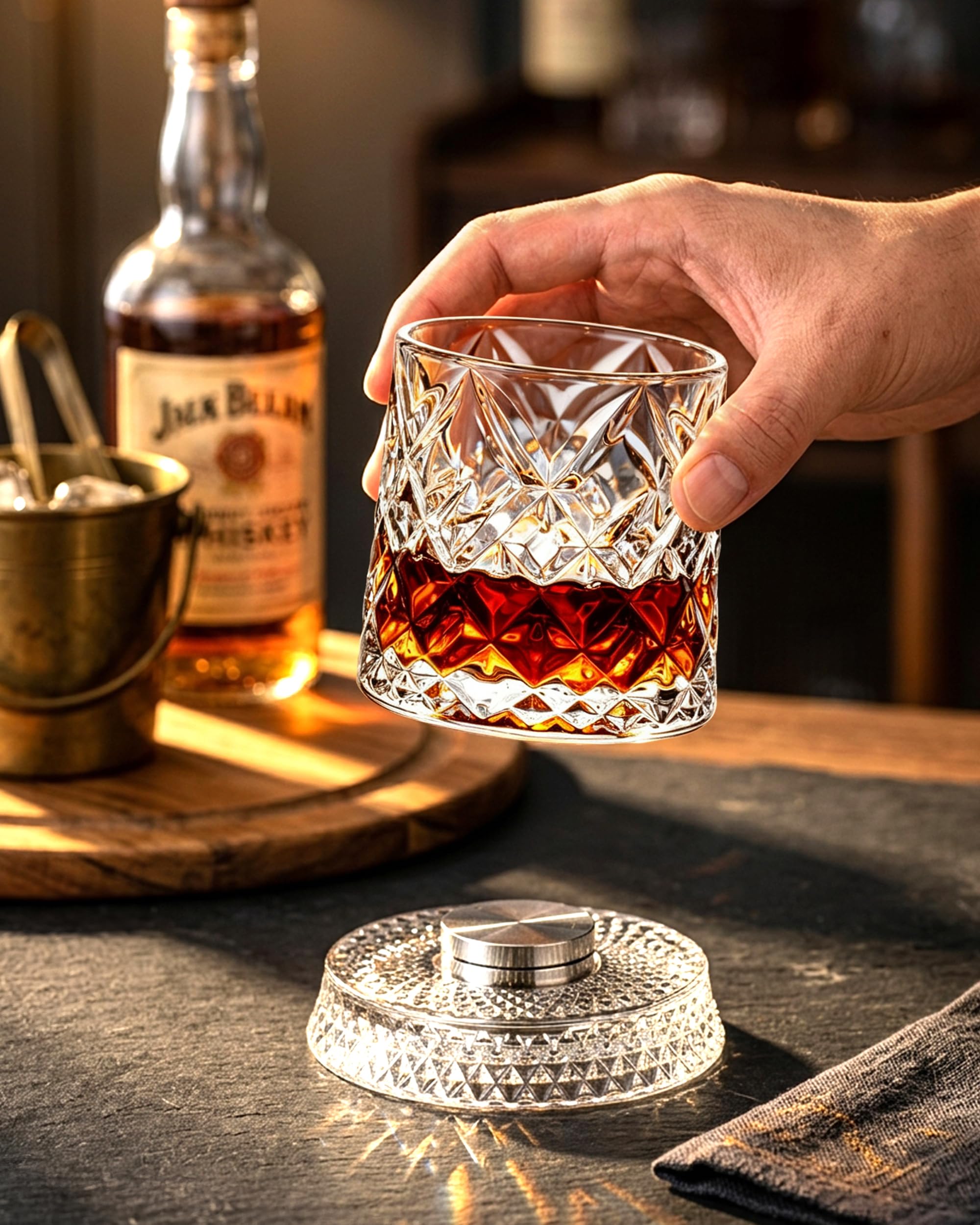 Short：Rotating Diamond Whiskey Glass Set with Ice Ball Molds, 2 Pack Gift Box