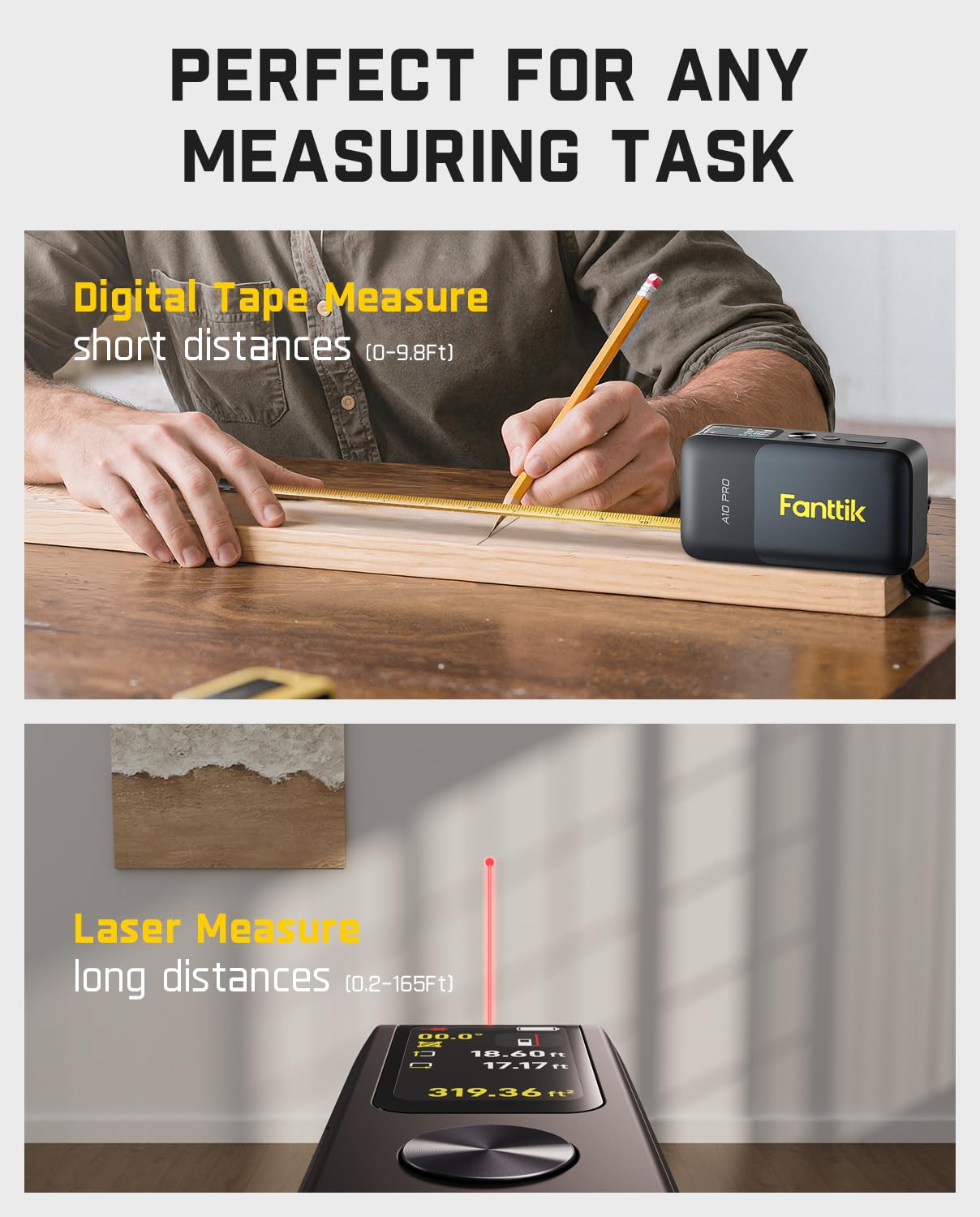 Fanttik A10 Pro Laser Tape Measure, 2-in-1 Digital Laser Distance Meter with LCD Display