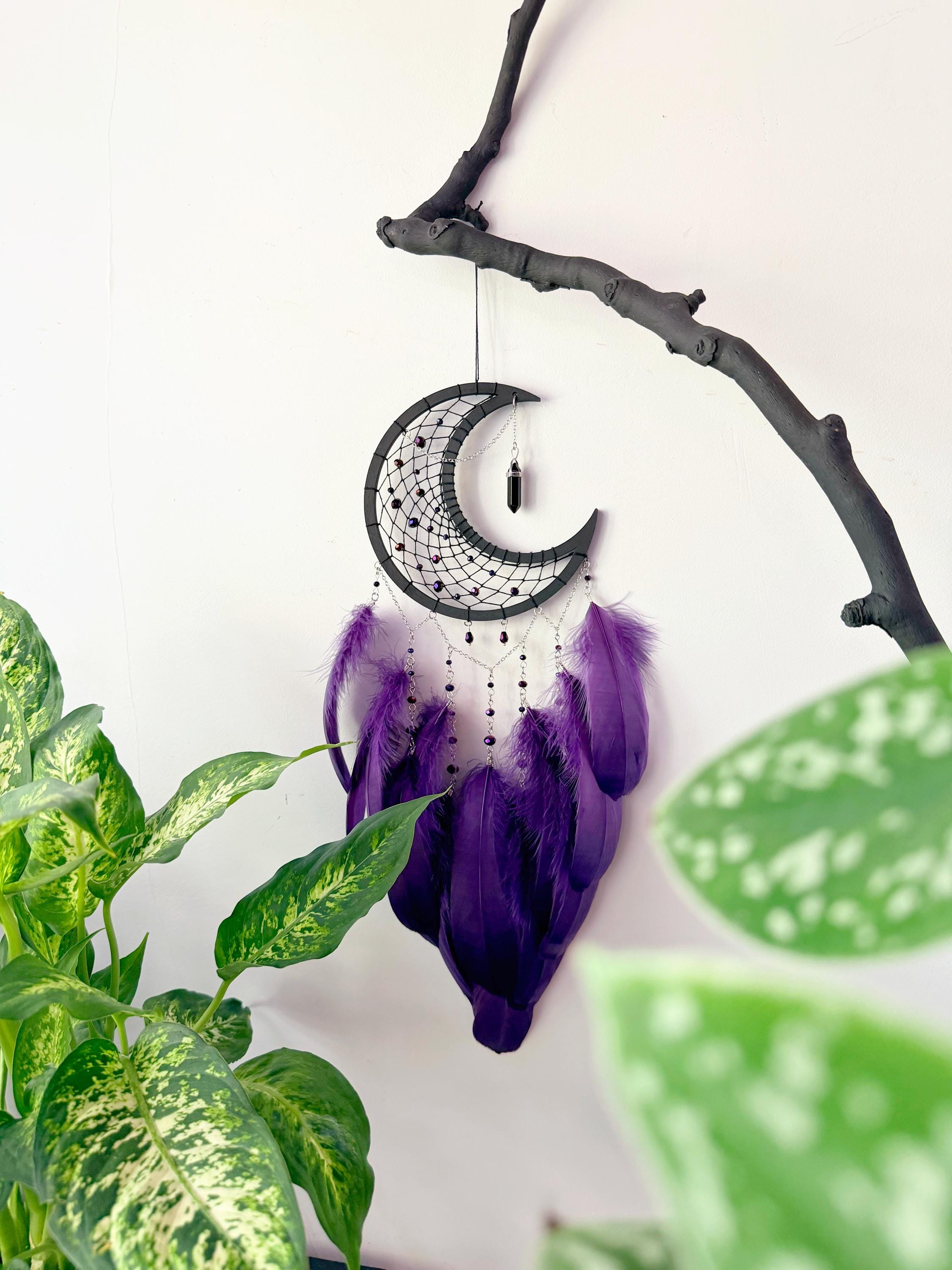 Black Moon Dreamcatcher with Dark Blue Feathers & Crystal Pendant