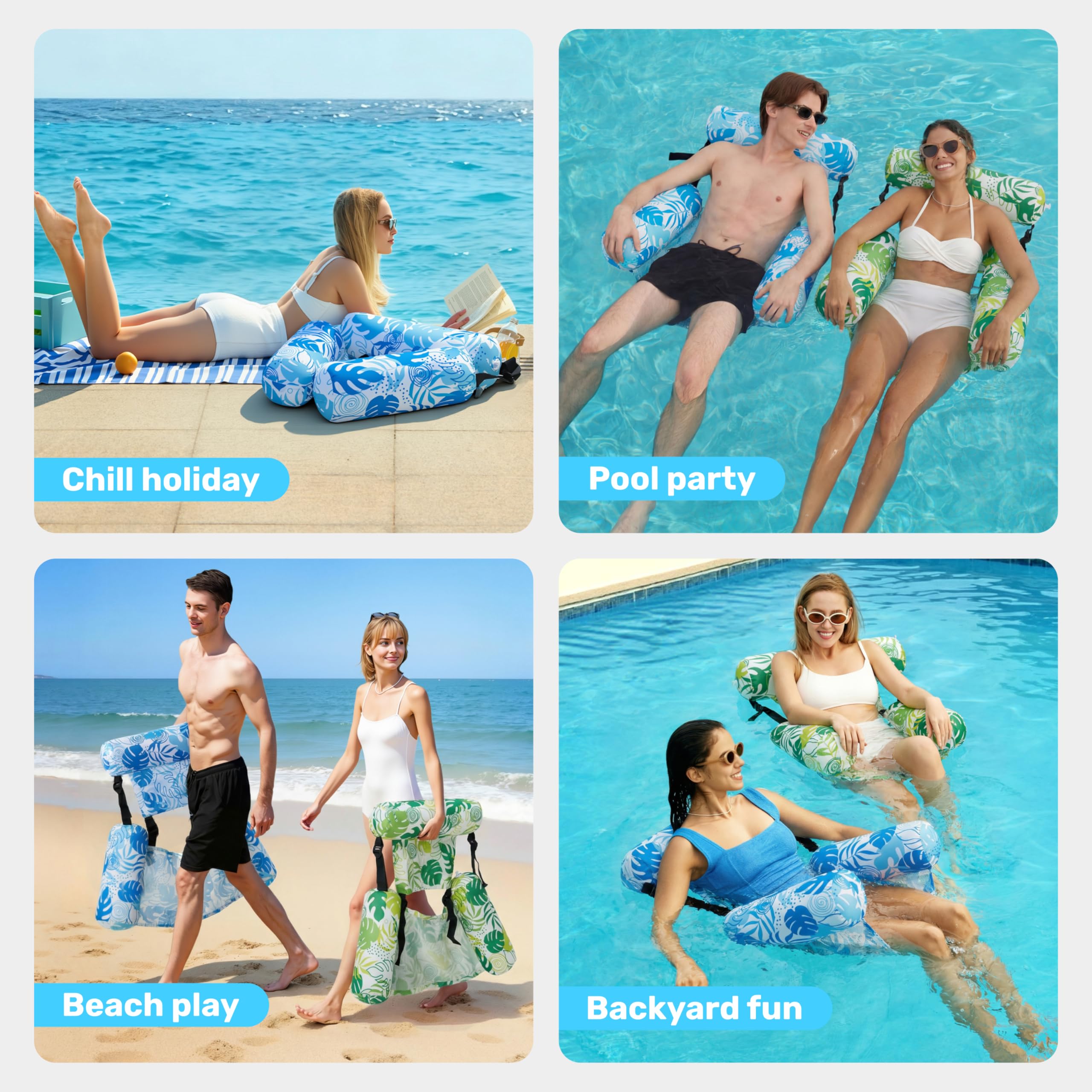 2 Pack Tropical Print Pool Float Hammock, Adult Inflatable Floating Lounge Chair with Headrest for Pool Lake Beach
