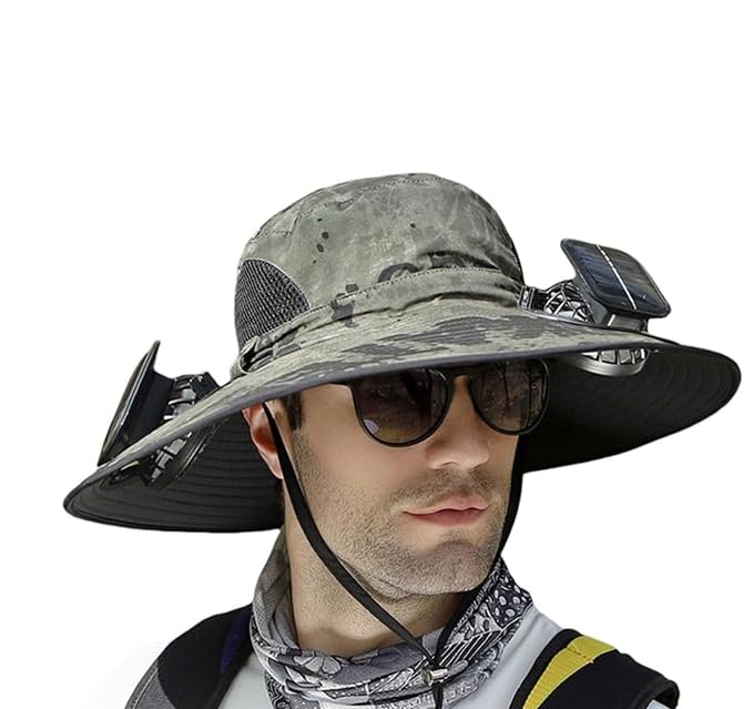 Solar Fan Sun Hat, Wide Brim UPF 50+ Cooling Hat with 2 Solar & USB Powered Fans, Camo Bucket Hat for Outdoor Fishing Hiking Camping, Gray