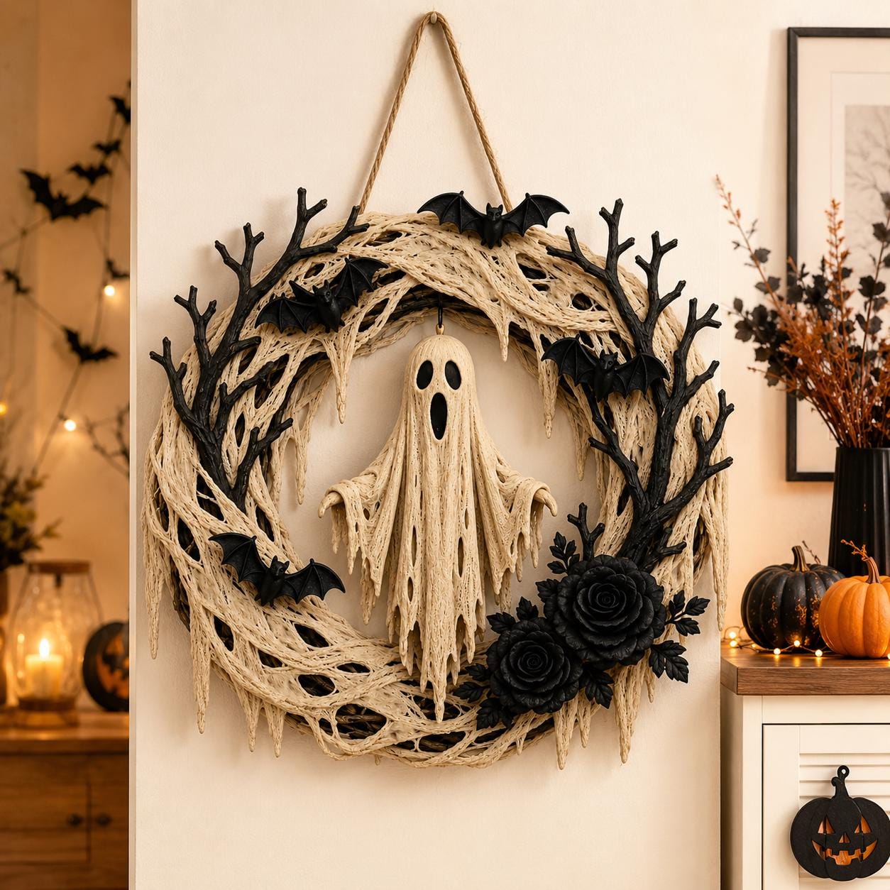 Halloween Ghost Wreath – Spooky Bat & Black Rose Front Door Decoration