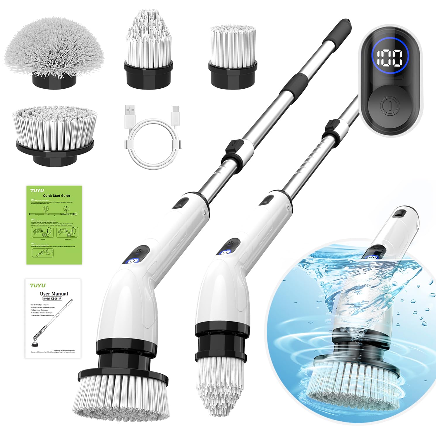 Electric Spin Scrubber, Cordless Cleaning Brush with Extendable Handle & 4 Brush Heads, Waterproof Power Scrubber for Bathroom Kitchen Tile