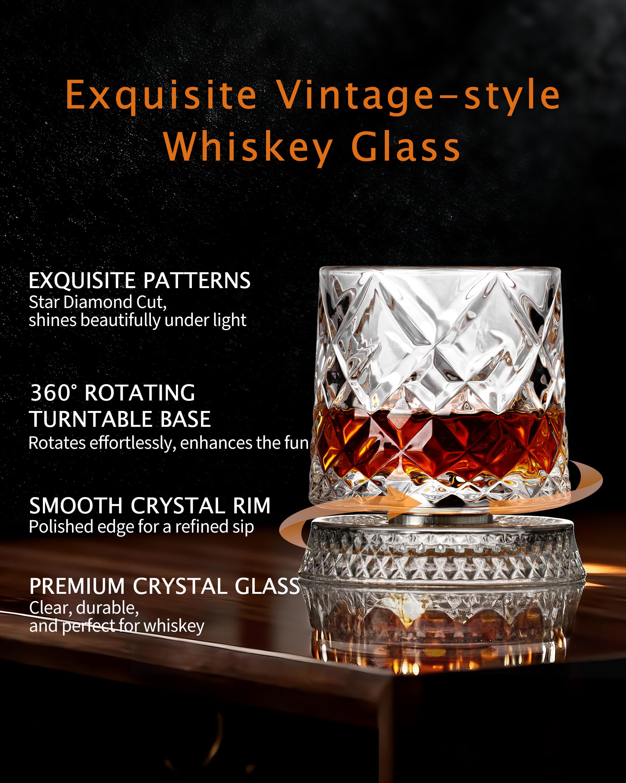 Short：Rotating Diamond Whiskey Glass Set with Ice Ball Molds, 2 Pack Gift Box
