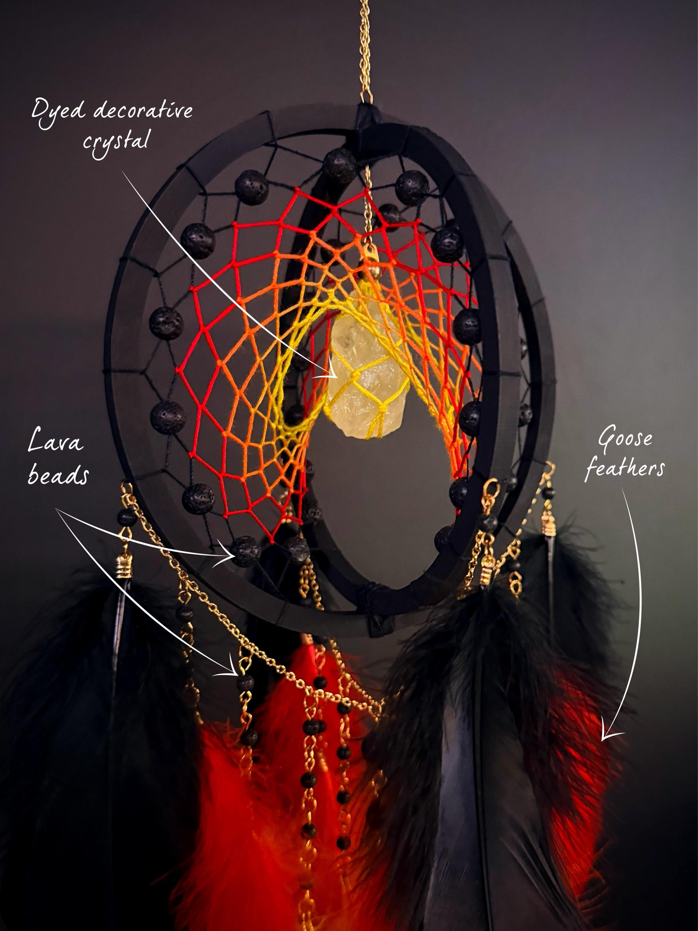 Gothic Black Red Feather Dreamcatcher with Crystal Stone