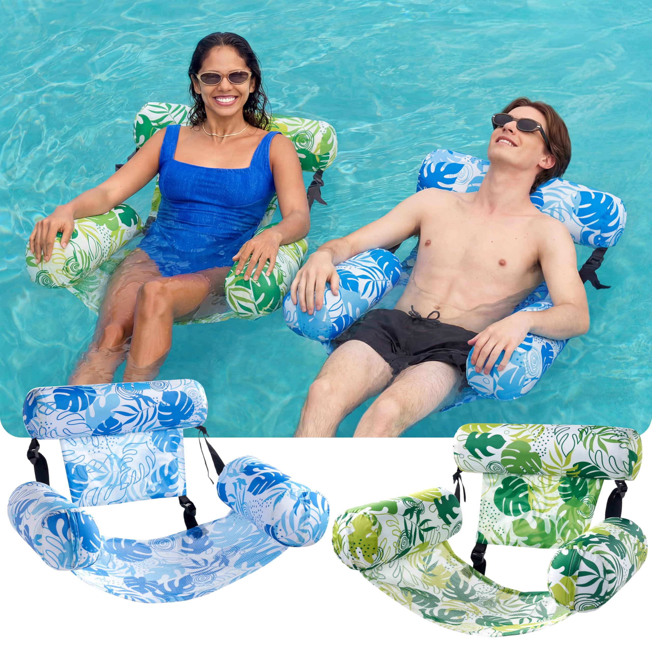 2 Pack Tropical Print Pool Float Hammock, Adult Inflatable Floating Lounge Chair with Headrest for Pool Lake Beach