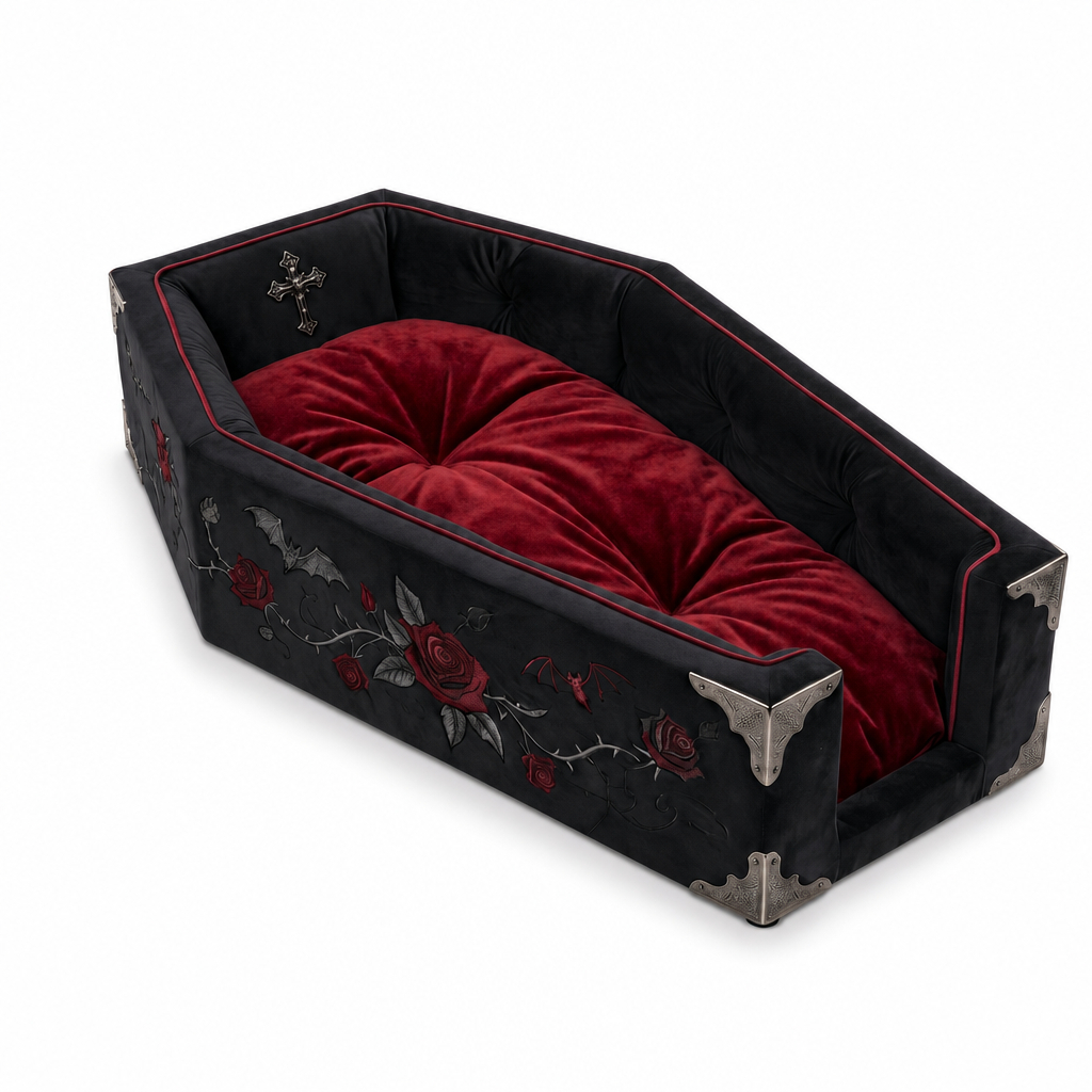 Witchy Crescent Moon Gothic Cat Bed – Rose & Bat Design