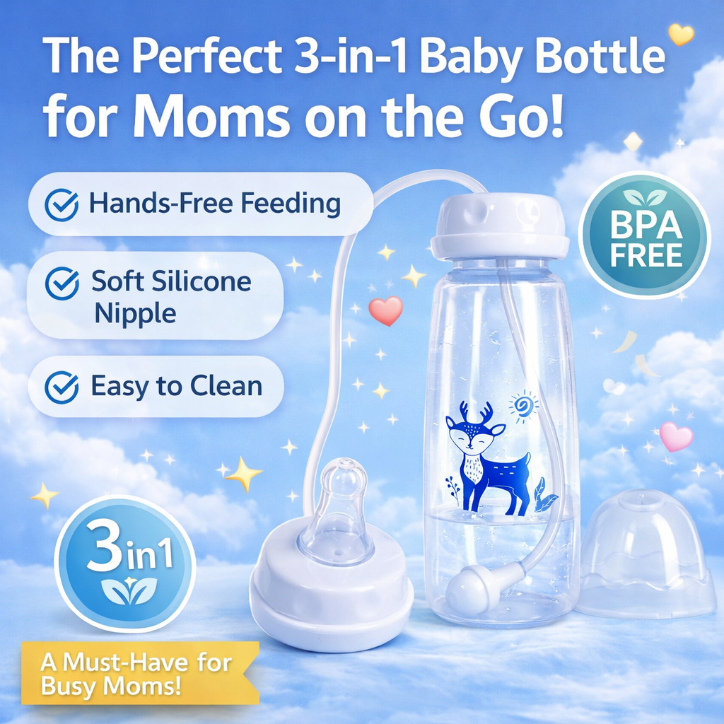 3-in-1 Hands-Free Baby Bottle, BPA-Free Feeding Bottle with Soft Silicone Nipple