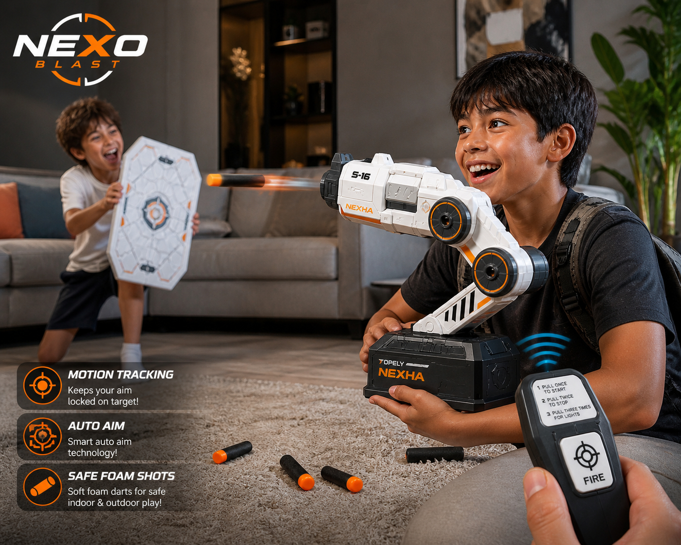 Nexo Blast Auto Aim Foam Dart Blaster, Motion Tracking Toy  with Remote