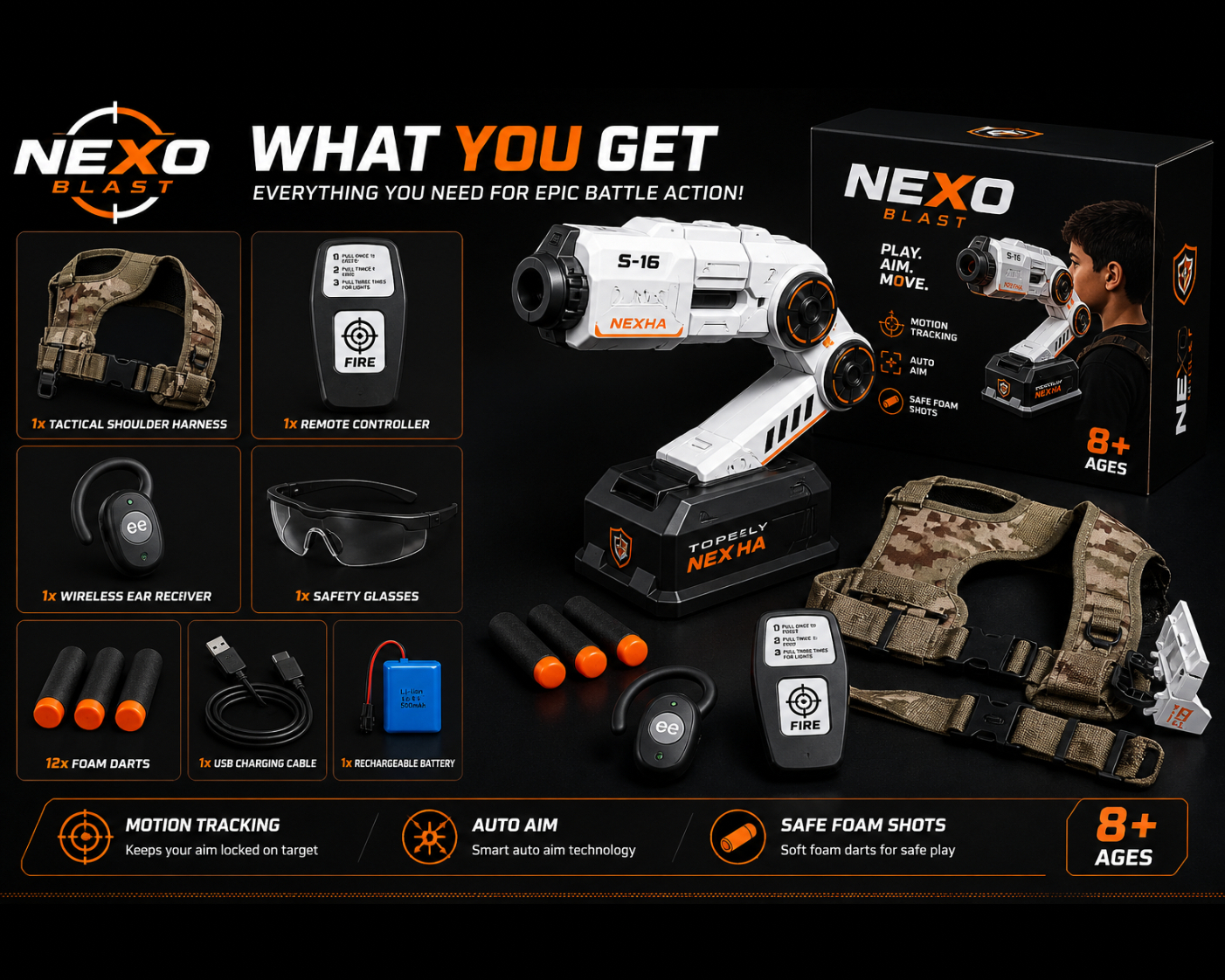 Nexo Blast Auto Aim Foam Dart Blaster, Motion Tracking Toy  with Remote