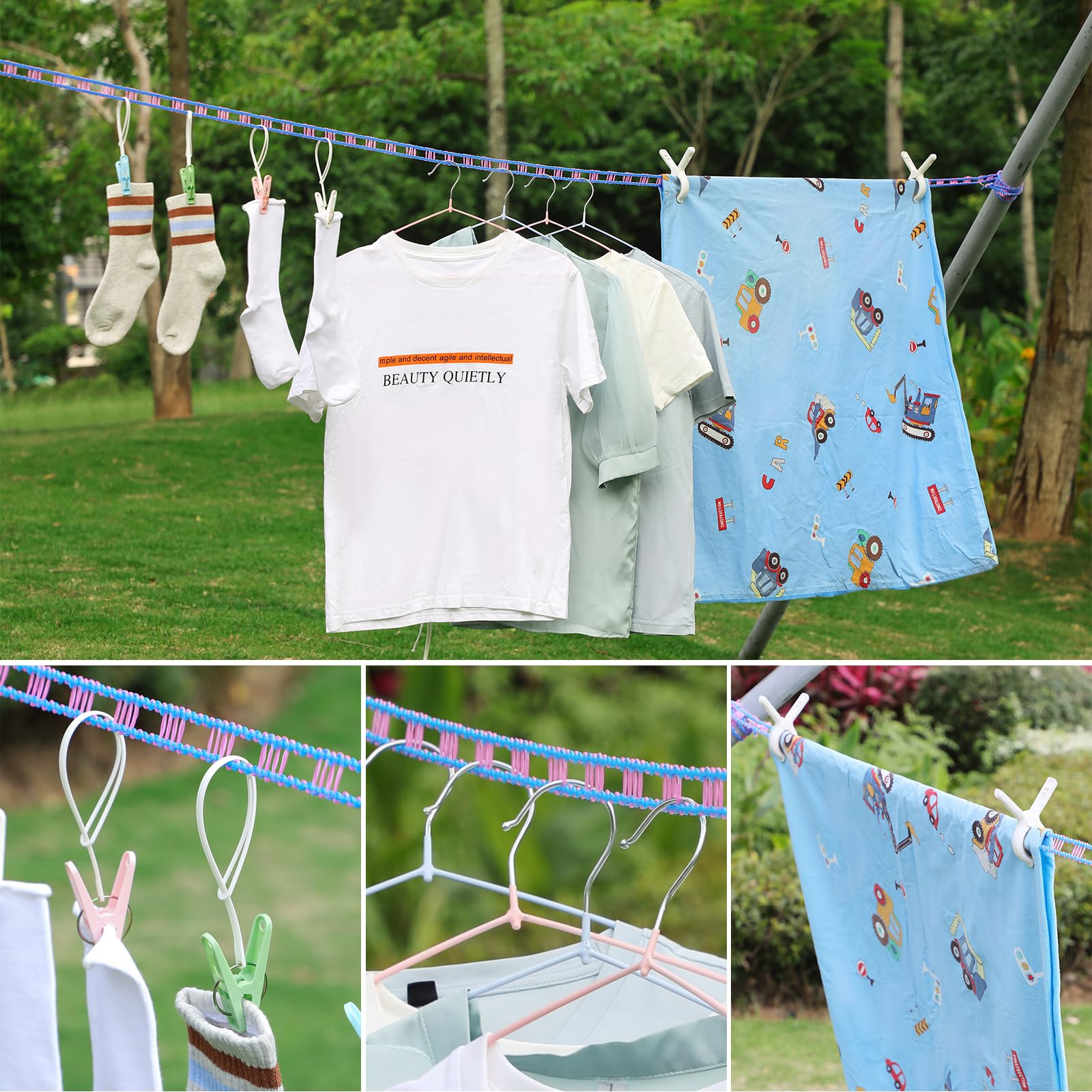Anti Slip Clothesline Rope with Hooks, Outdoor Laundry Drying Line