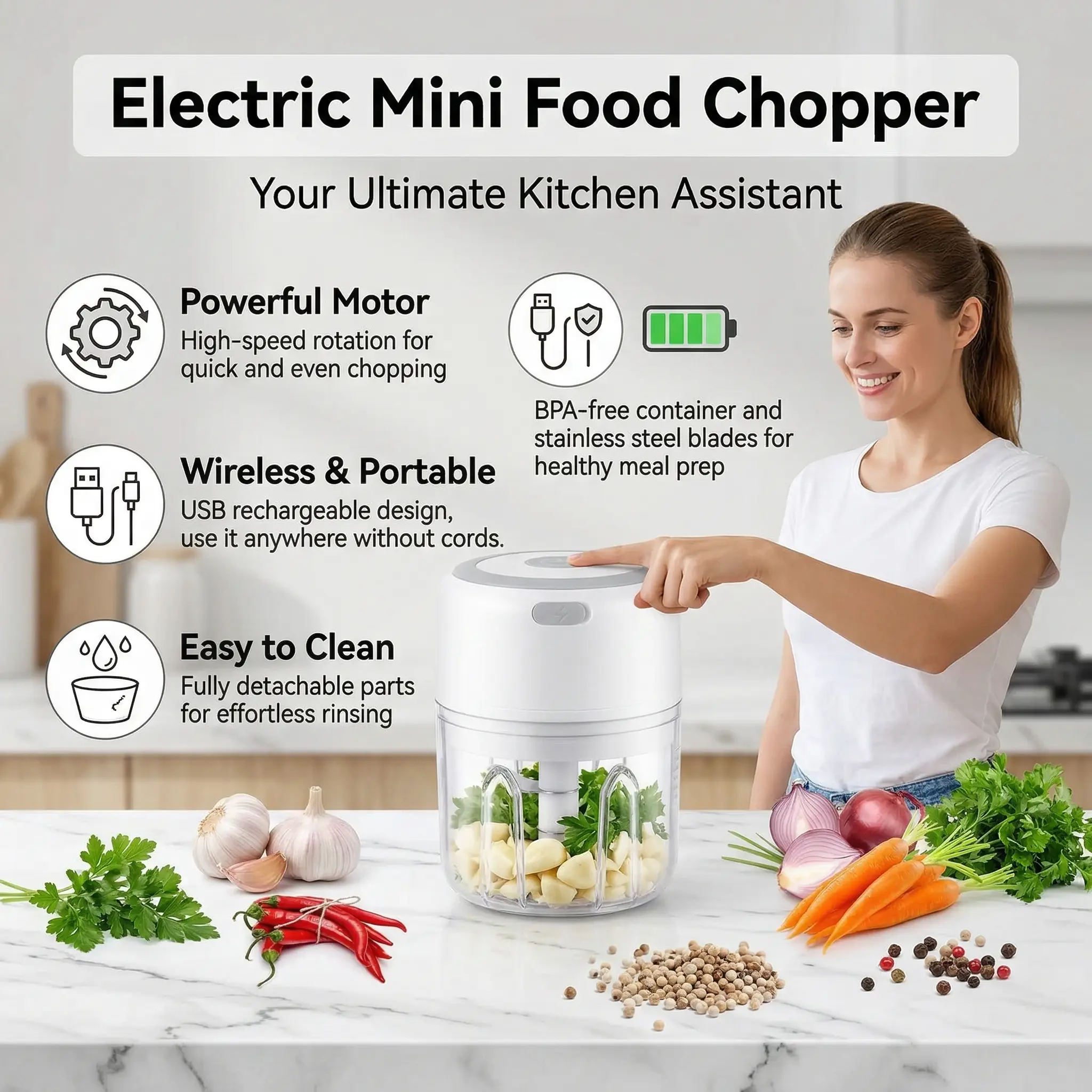 Rechargeable Mini Electric Food Chopper, Multi-Functional Garlic Onion Mincer for Kitchen Prep
