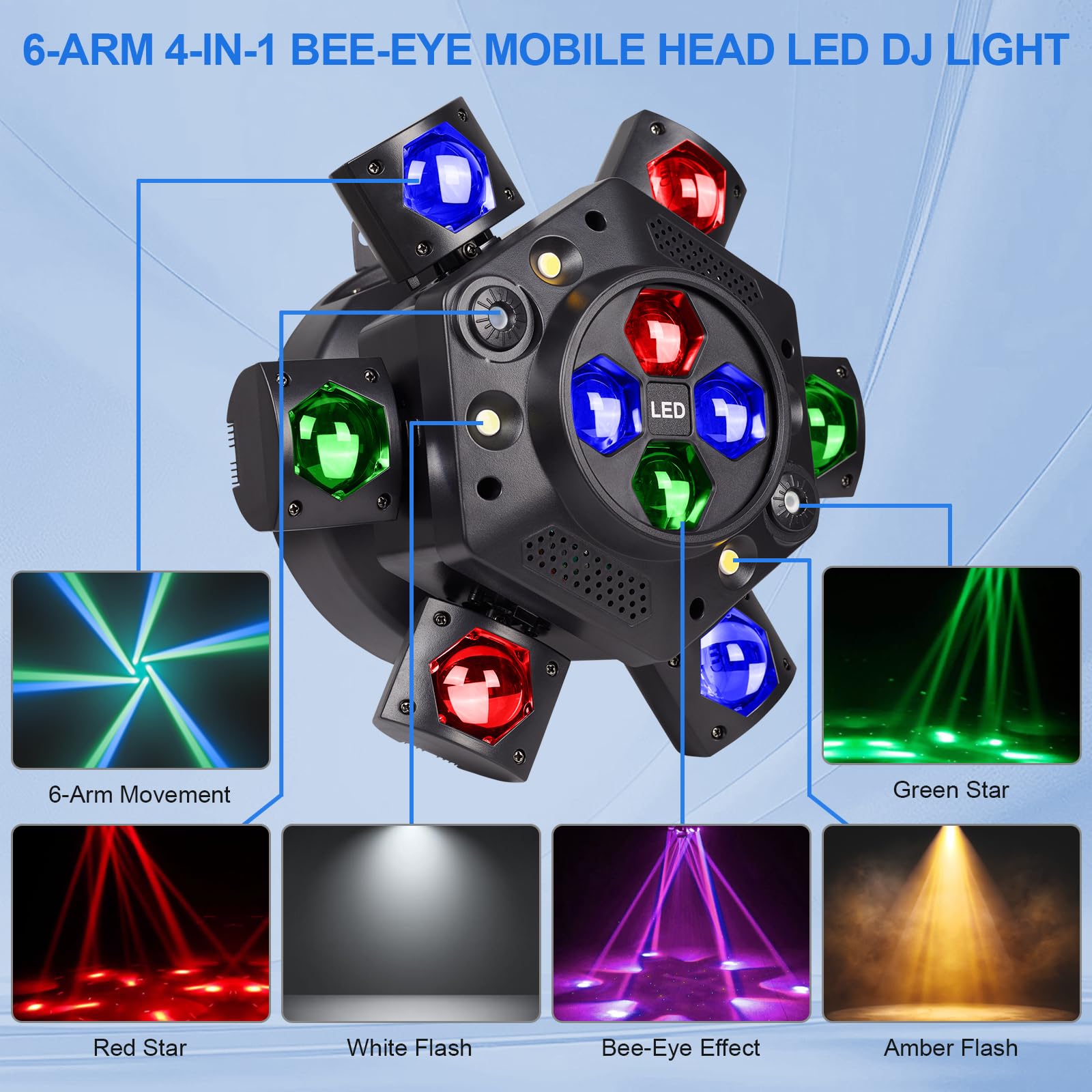 6-Arm Bee-Eye Moving Head DJ Light, 4-in-1 RGBW Stage Light
