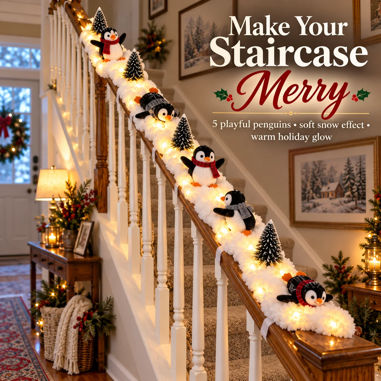 Christmas Penguin Staircase Garland with Warm LED Lights – 5-Piece Snowy Holiday Stair Decor
