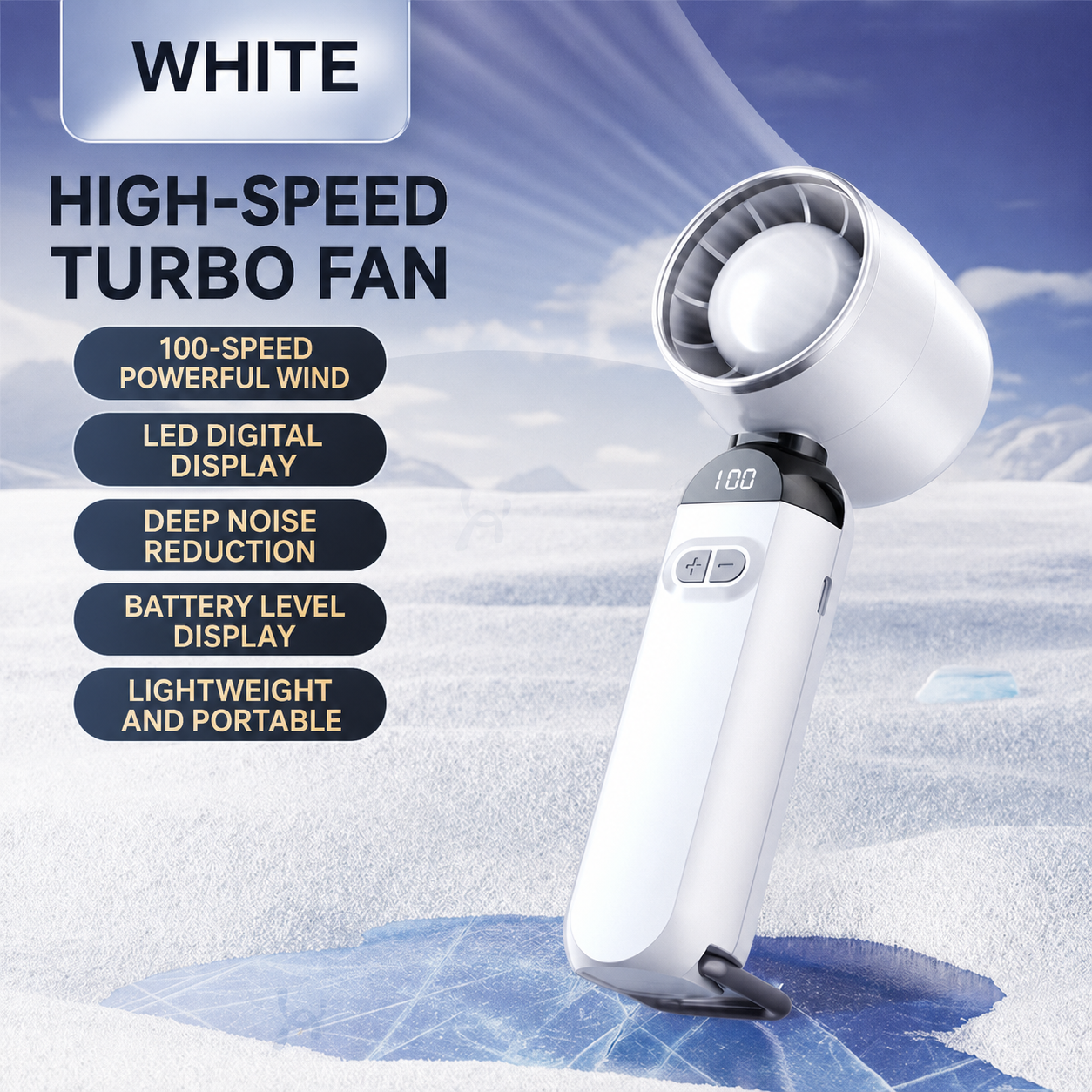 Handheld Turbo Fan, 100-Speed Adjustable with Semiconductor Cooling, USB Rechargeable Portable Fan with Digital Display & Lanyard, Black