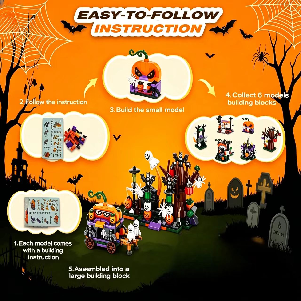 Halloween Building Blocks Set, 24 in 1 Spooky Pumpkin Ghost House Bricks Kit, Creative STEM Construction Toy for Kids, Halloween Party Favors Home Decor Holiday Gift