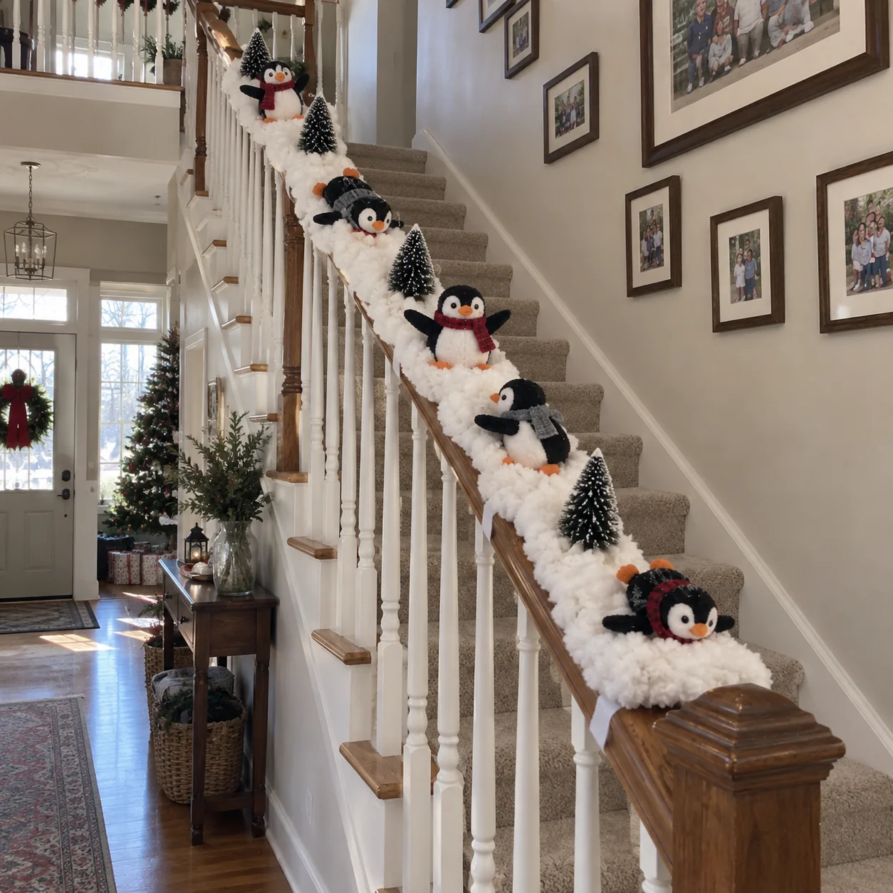 Christmas Penguin Staircase Garland with Warm LED Lights – 5-Piece Snowy Holiday Stair Decor