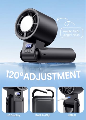 Handheld Turbo Fan, 100-Speed Adjustable with Semiconductor Cooling, USB Rechargeable Portable Fan with Digital Display & Lanyard, Black