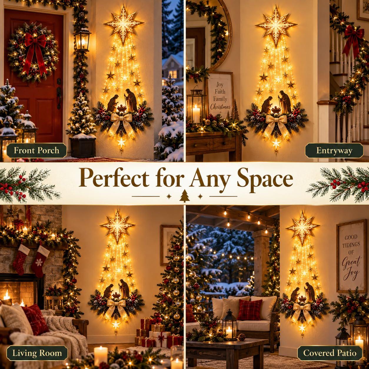 Christmas Nativity Tree Wall Hanging Light – Illuminated Angel & Star Holiday Decoration