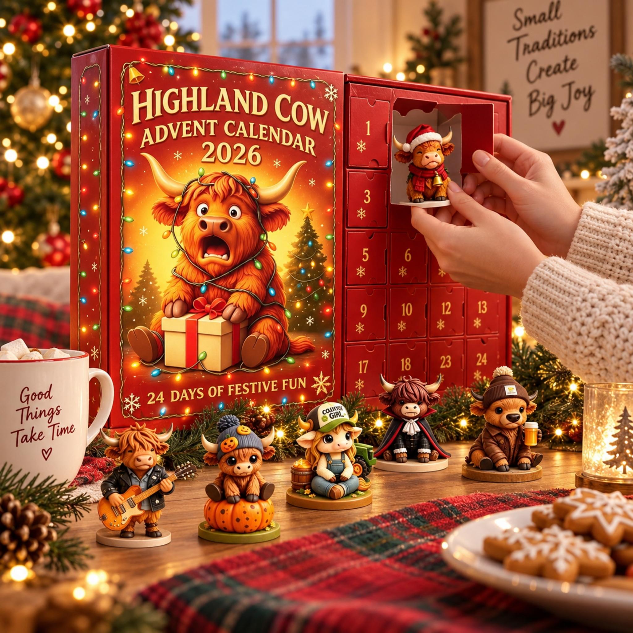 Highland Cow Advent Calendar 2026 – 24 Days of Christmas Mini Figurine Surprises