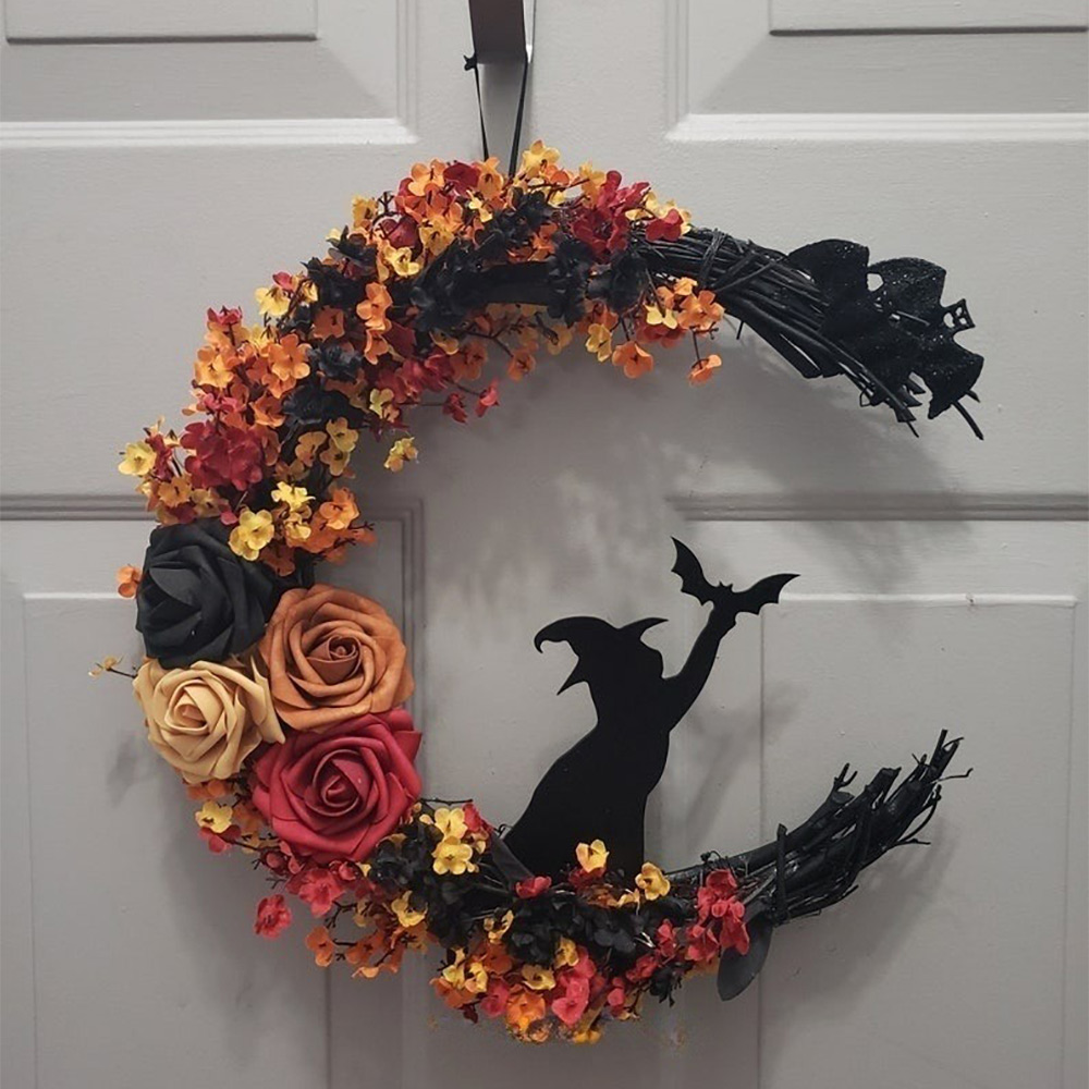 Gothic Black Cat Crescent Moon Wreath with LED Lights – Halloween Wall Decoration