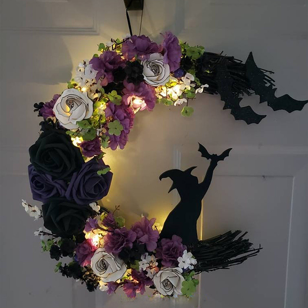 Gothic Black Cat Crescent Moon Wreath with LED Lights – Halloween Wall Decoration