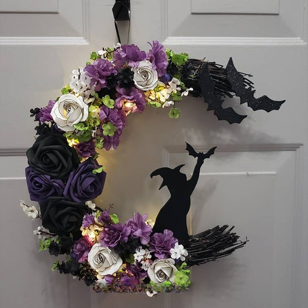 Gothic Black Cat Crescent Moon Wreath with LED Lights – Halloween Wall Decoration