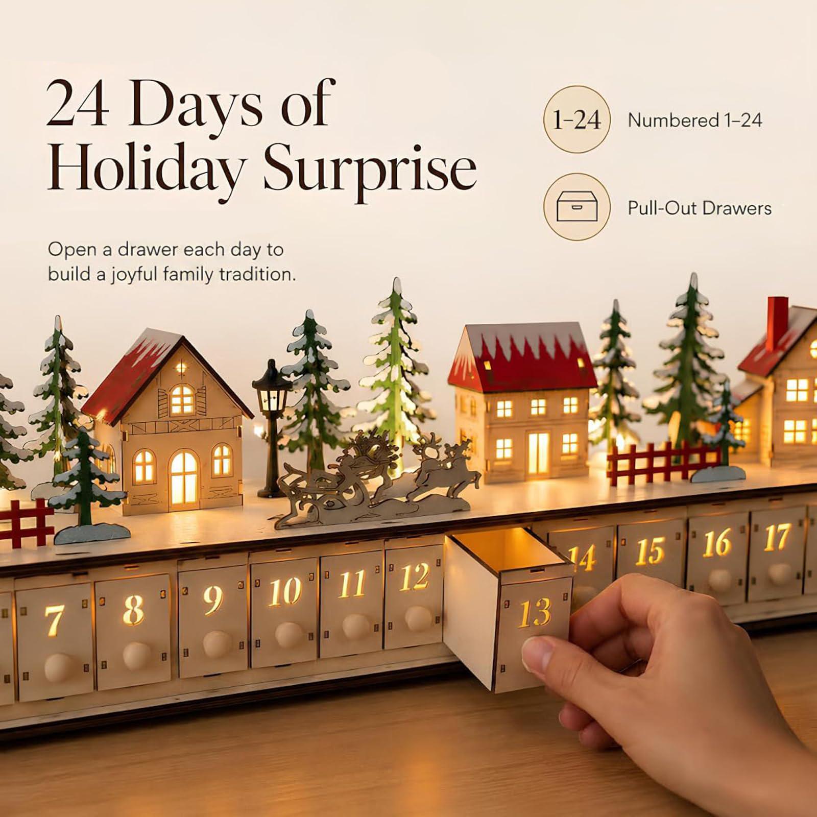 24-Day Christmas Advent Calendar – Wooden Winter Village Countdown Display