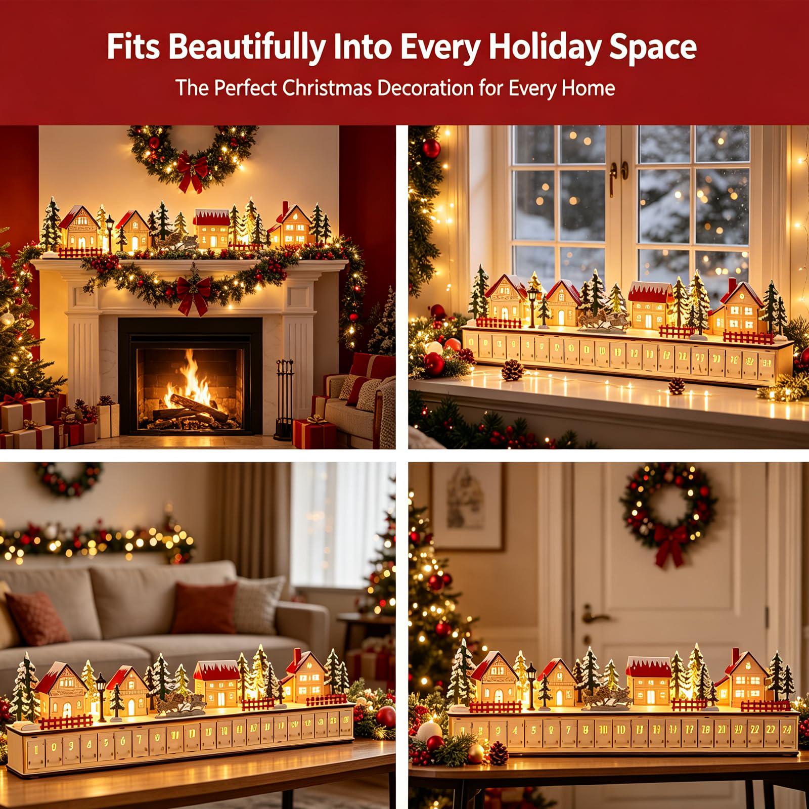 24-Day Christmas Advent Calendar – Wooden Winter Village Countdown Display