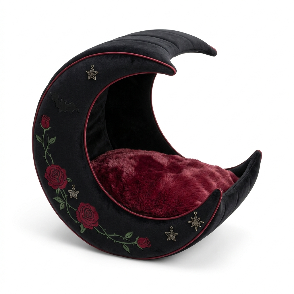Witchy Crescent Moon Gothic Cat Bed – Rose & Bat Design