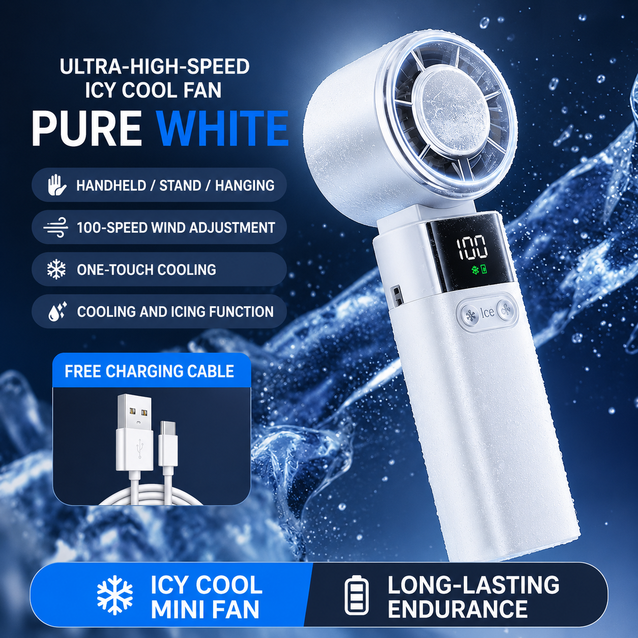 Handheld Turbo Fan, 100-Speed Adjustable with Semiconductor Cooling, USB Rechargeable Portable Fan with Digital Display & Lanyard, Black