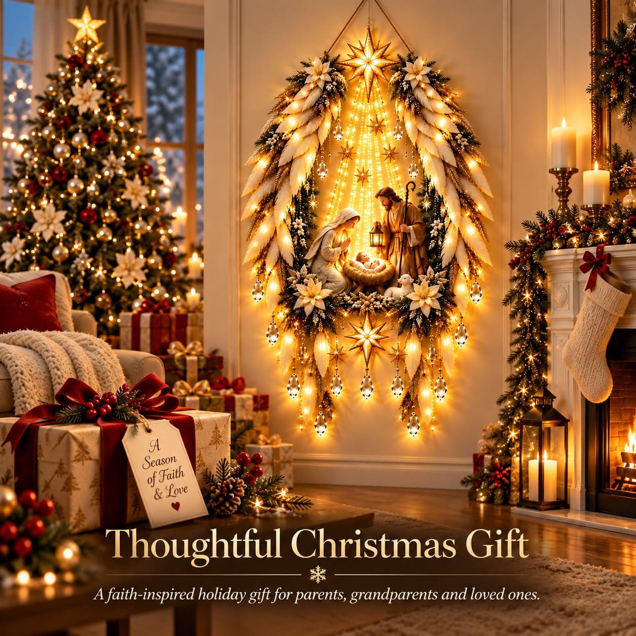 Christmas Nativity Tree Wall Hanging Light – Illuminated Angel & Star Holiday Decoration