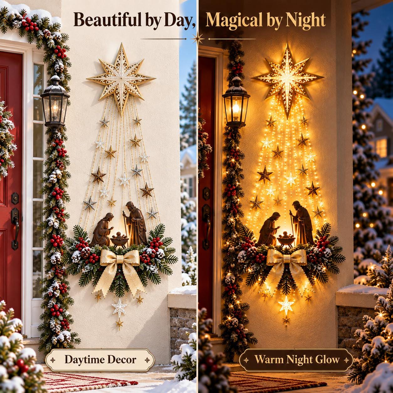 Christmas Nativity Tree Wall Hanging Light – Illuminated Angel & Star Holiday Decoration