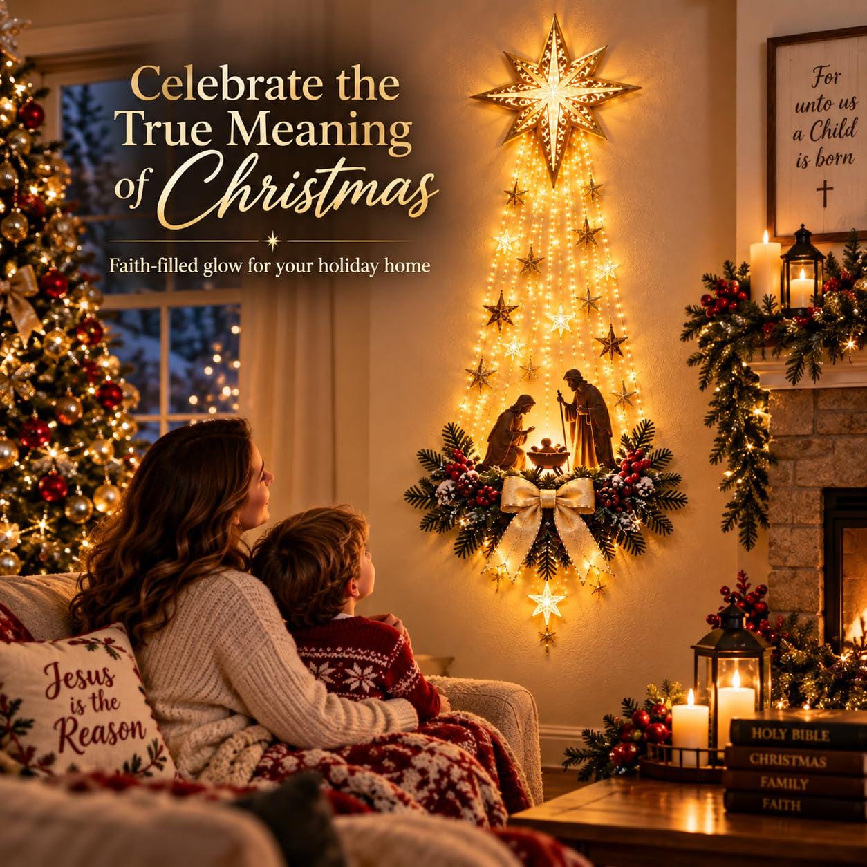 Christmas Nativity Tree Wall Hanging Light – Illuminated Angel & Star Holiday Decoration