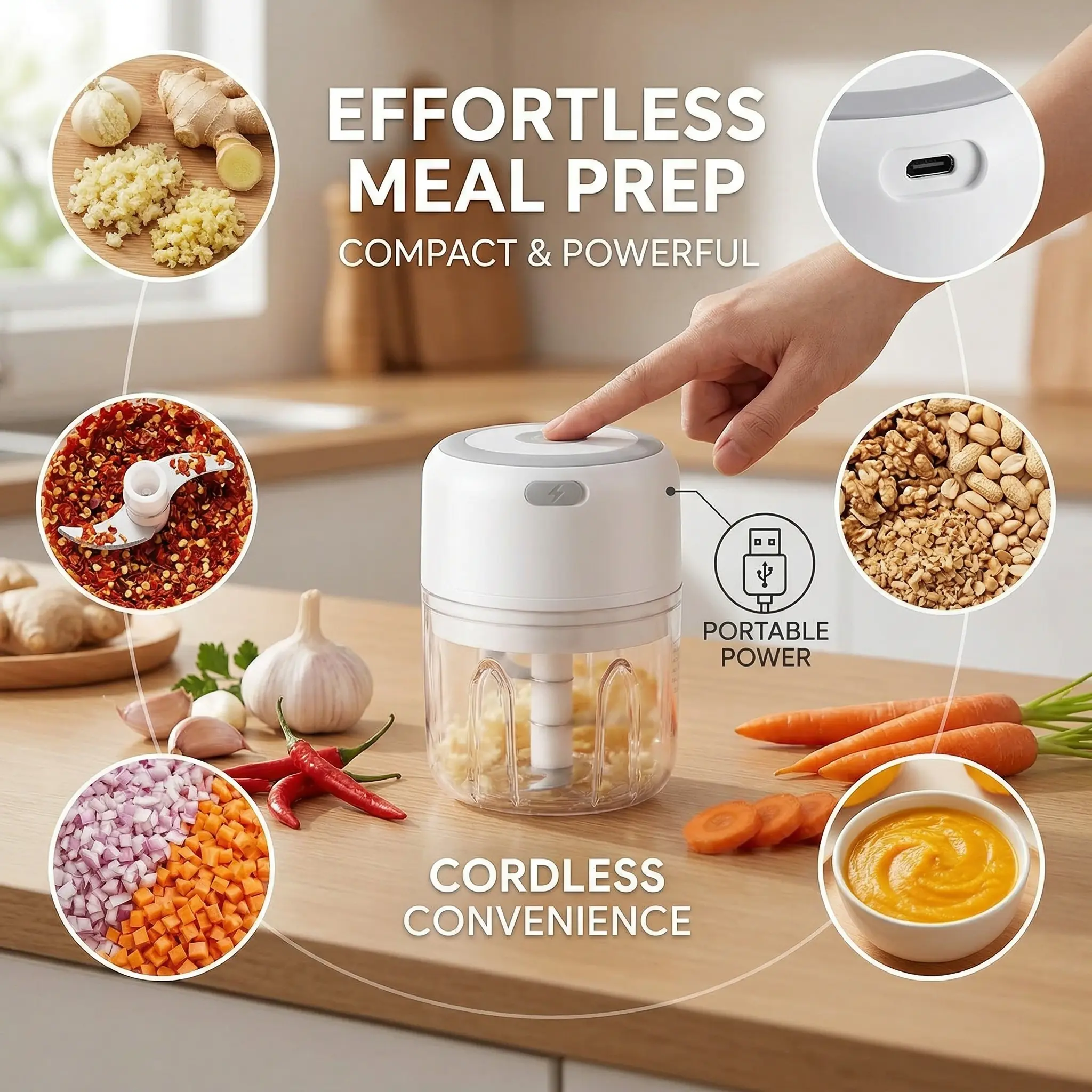 Rechargeable Mini Electric Food Chopper, Multi-Functional Garlic Onion Mincer for Kitchen Prep