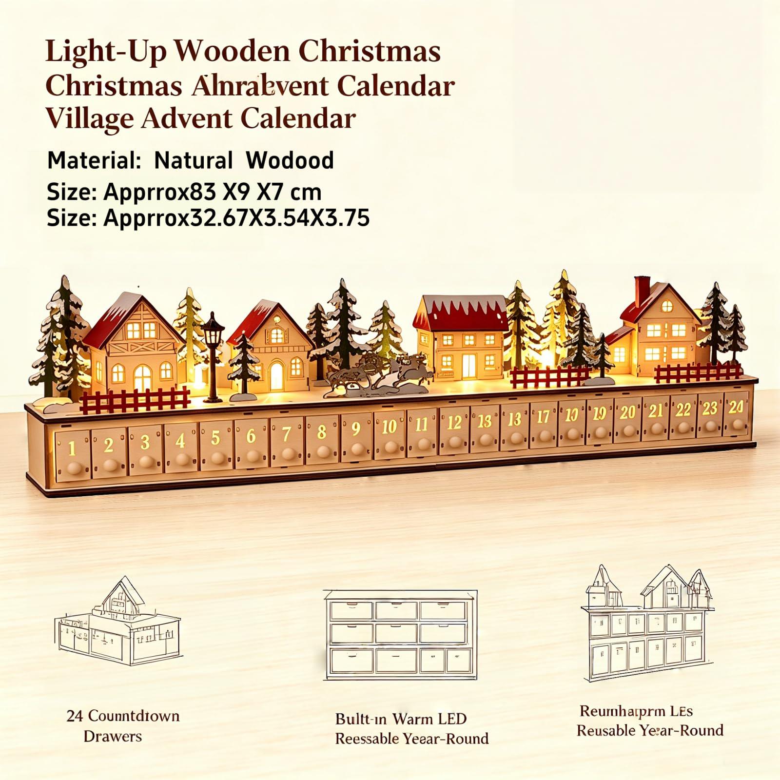 24-Day Christmas Advent Calendar – Wooden Winter Village Countdown Display
