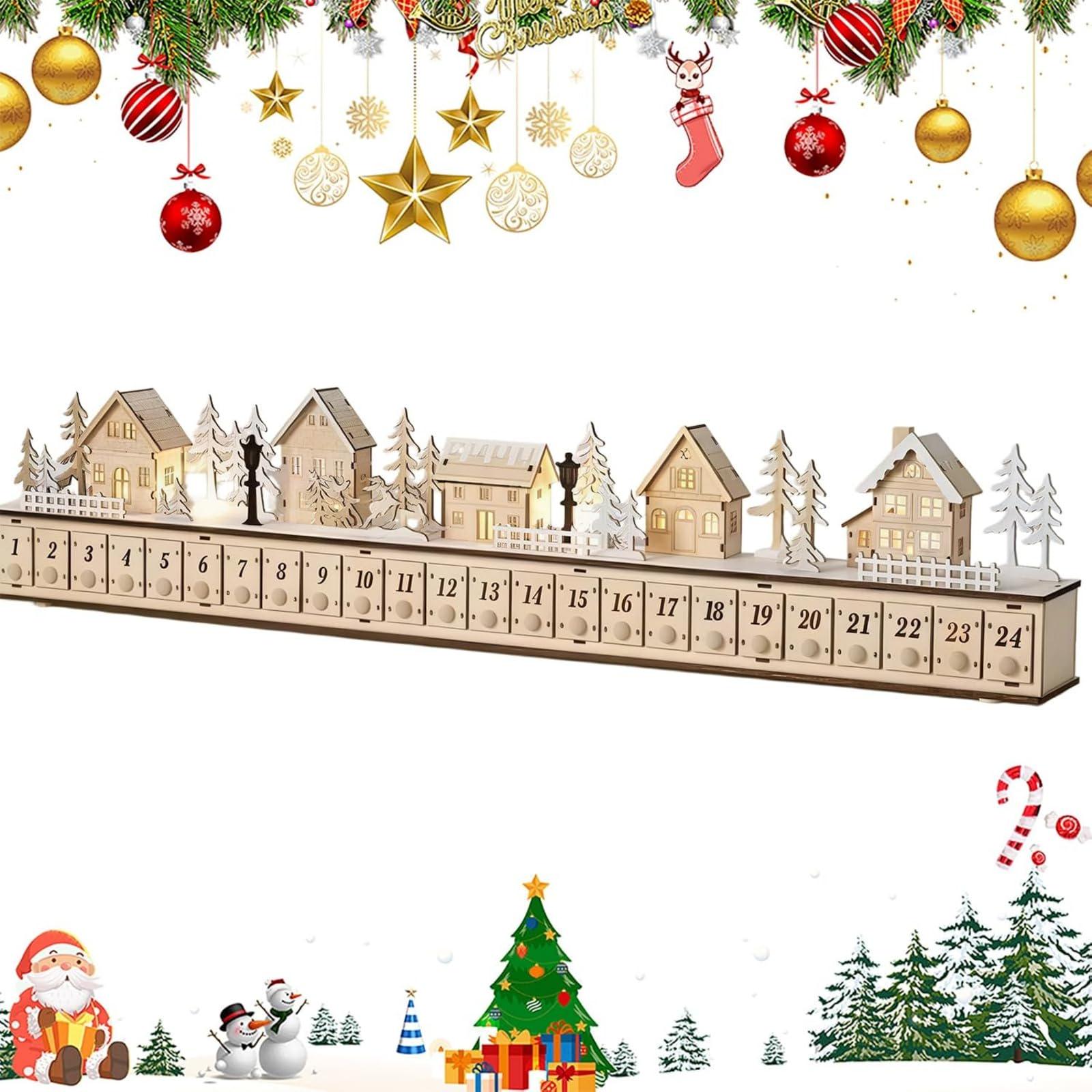 24-Day Christmas Advent Calendar – Wooden Winter Village Countdown Display