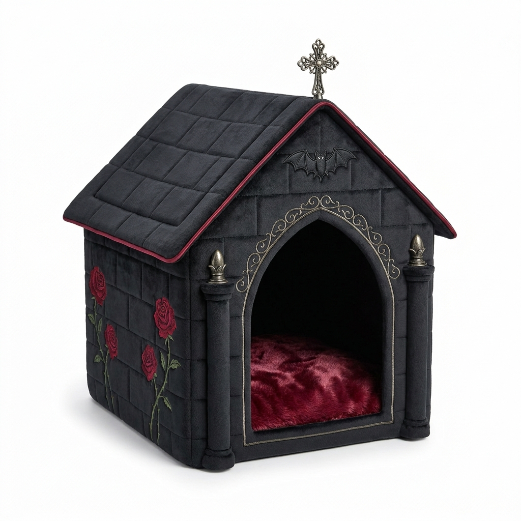 Witchy Crescent Moon Gothic Cat Bed – Rose & Bat Design