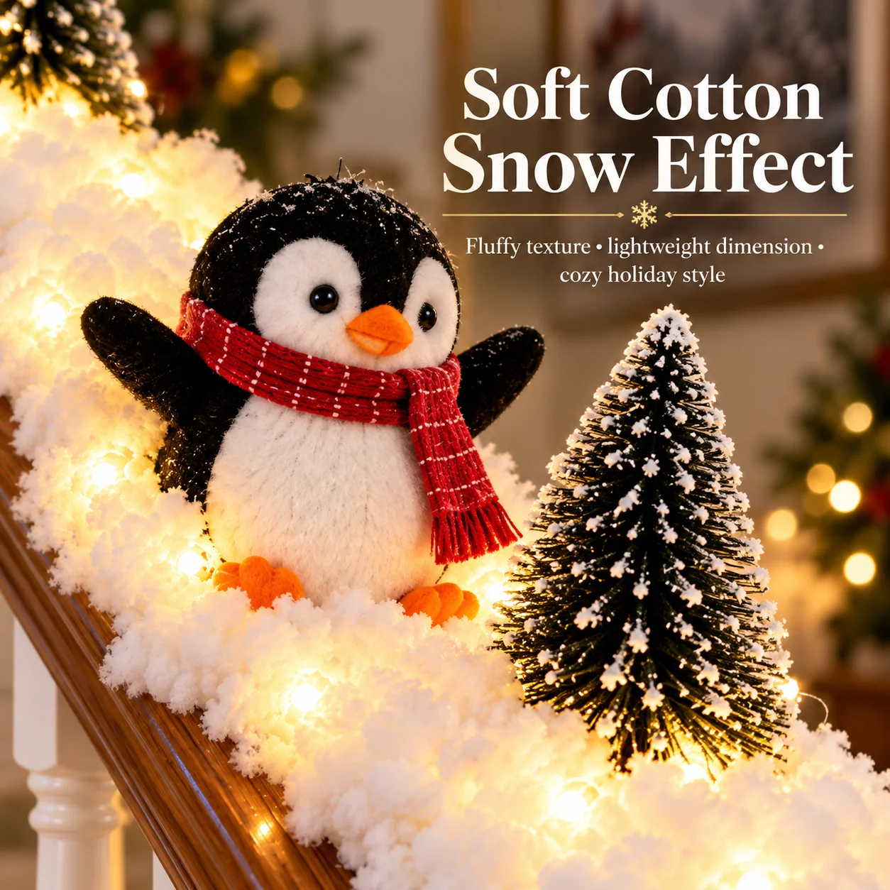 Christmas Penguin Staircase Garland with Warm LED Lights – 5-Piece Snowy Holiday Stair Decor