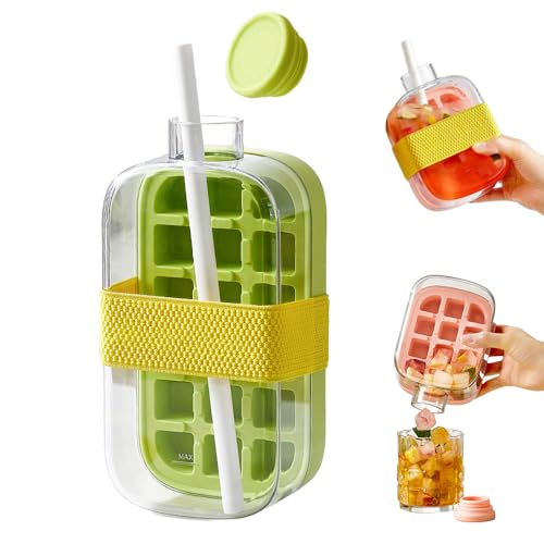 2-in-1 Ice Cube Tray Water Bottle, Portable Leakproof Cup with Straw for Outdoor Travel