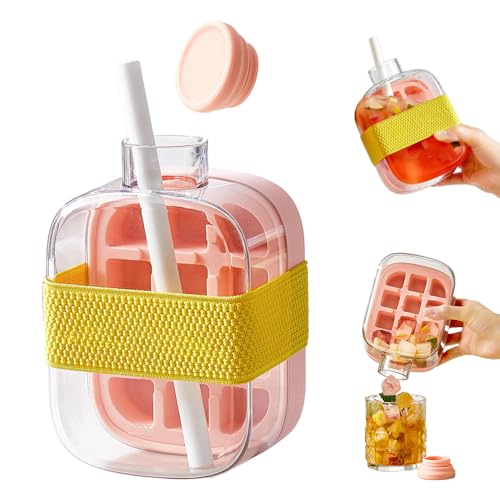2-in-1 Ice Cube Tray Water Bottle, Portable Leakproof Cup with Straw for Outdoor Travel