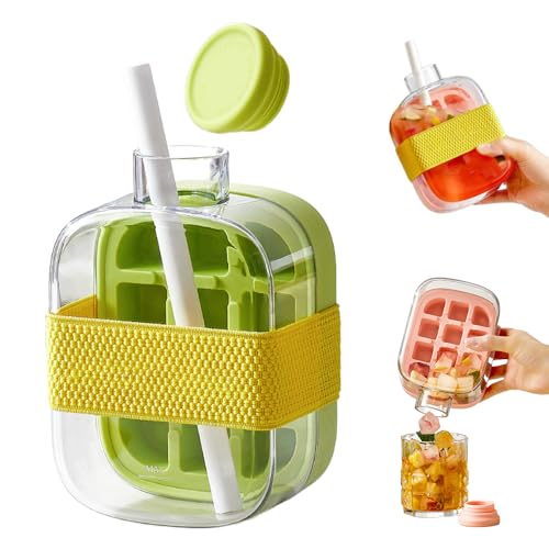 2-in-1 Ice Cube Tray Water Bottle, Portable Leakproof Cup with Straw for Outdoor Travel