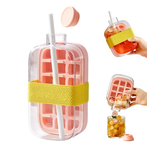 2-in-1 Ice Cube Tray Water Bottle, Portable Leakproof Cup with Straw for Outdoor Travel