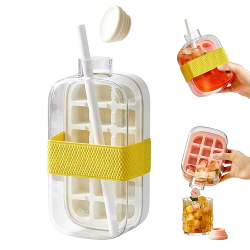 2-in-1 Ice Cube Tray Water Bottle, Portable Leakproof Cup with Straw for Outdoor Travel