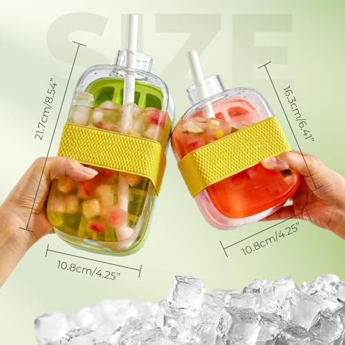 2-in-1 Ice Cube Tray Water Bottle, Portable Leakproof Cup with Straw for Outdoor Travel
