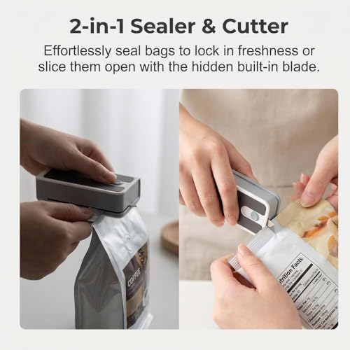 2-in-1 Mini Bag Sealer with Cutter, USB Rechargeable Portable Heat Sealer for Snack Bags